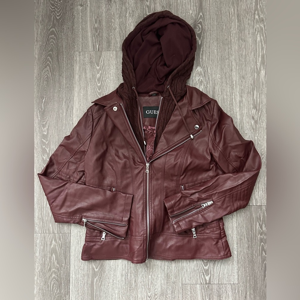 Guess Women’s Hooded Burgundy Faux Leather Jacket Size L